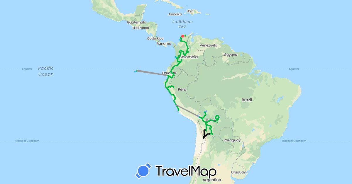 TravelMap itinerary: driving, bus, plane, hiking, boat, minivan, combi, truffi, jeep 4x4 in Bolivia, Colombia, Ecuador, Peru (South America)